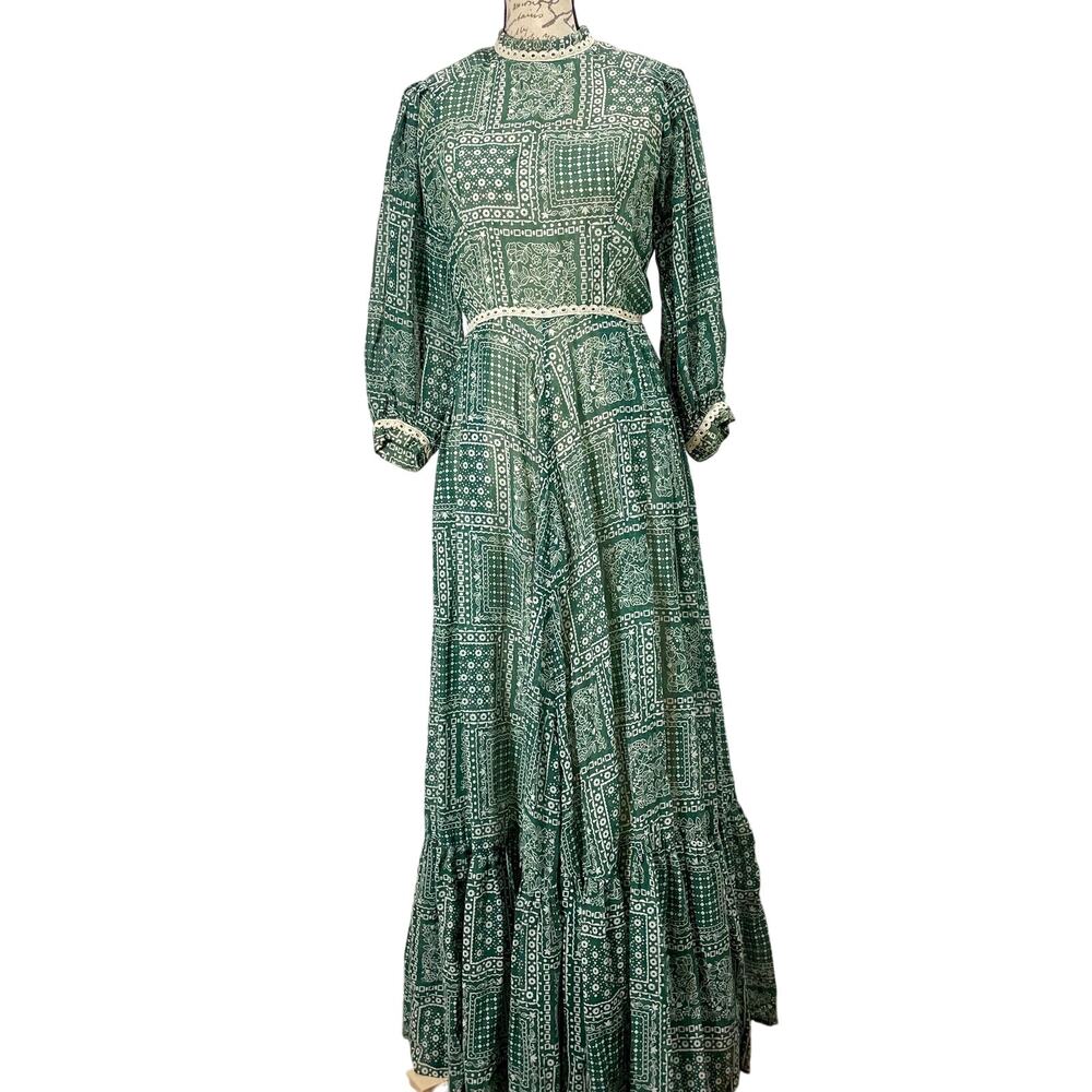Vintage 70s Patchwork Prairie Maxi Dress Cottage Boho Green Floral Print 38" Pit